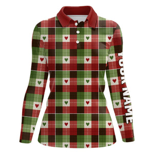 Women golf polo shirts custom green & red Flat christmas plaid pattern shirts for ladies, golfer gifts NQS6584