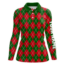 Load image into Gallery viewer, Women golf polo shirts custom green red Christmas plaid pattern shirt for ladies, golfing gifts NQS6585