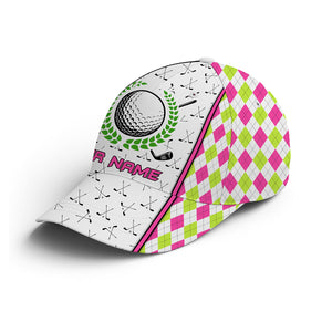 Pink and green argyle pattern golf clubs Golfer hat custom name sun hats for men, womens, golf hats NQS6605