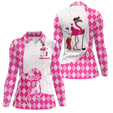 Load image into Gallery viewer, Pink argyle plaid pattern flamingo golf wine Women golf polos shirt custom funny golf shirt for ladies NQS6885