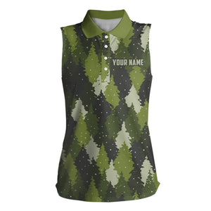 Womens sleeveless polos shirt custom green trees camouflage Christmas golf shirt for ladies, golf gift NQS6663