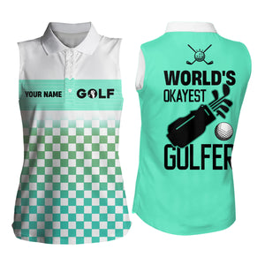 Womens sleeveless polos shirt custom white green pattern world's okayest golfer golf shirt for womens NQS6671