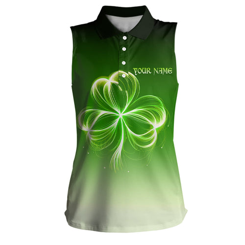 Womens Sleeveless golf polos shirts custom gradient green light clover St Patrick's Day golf polos NQS7198