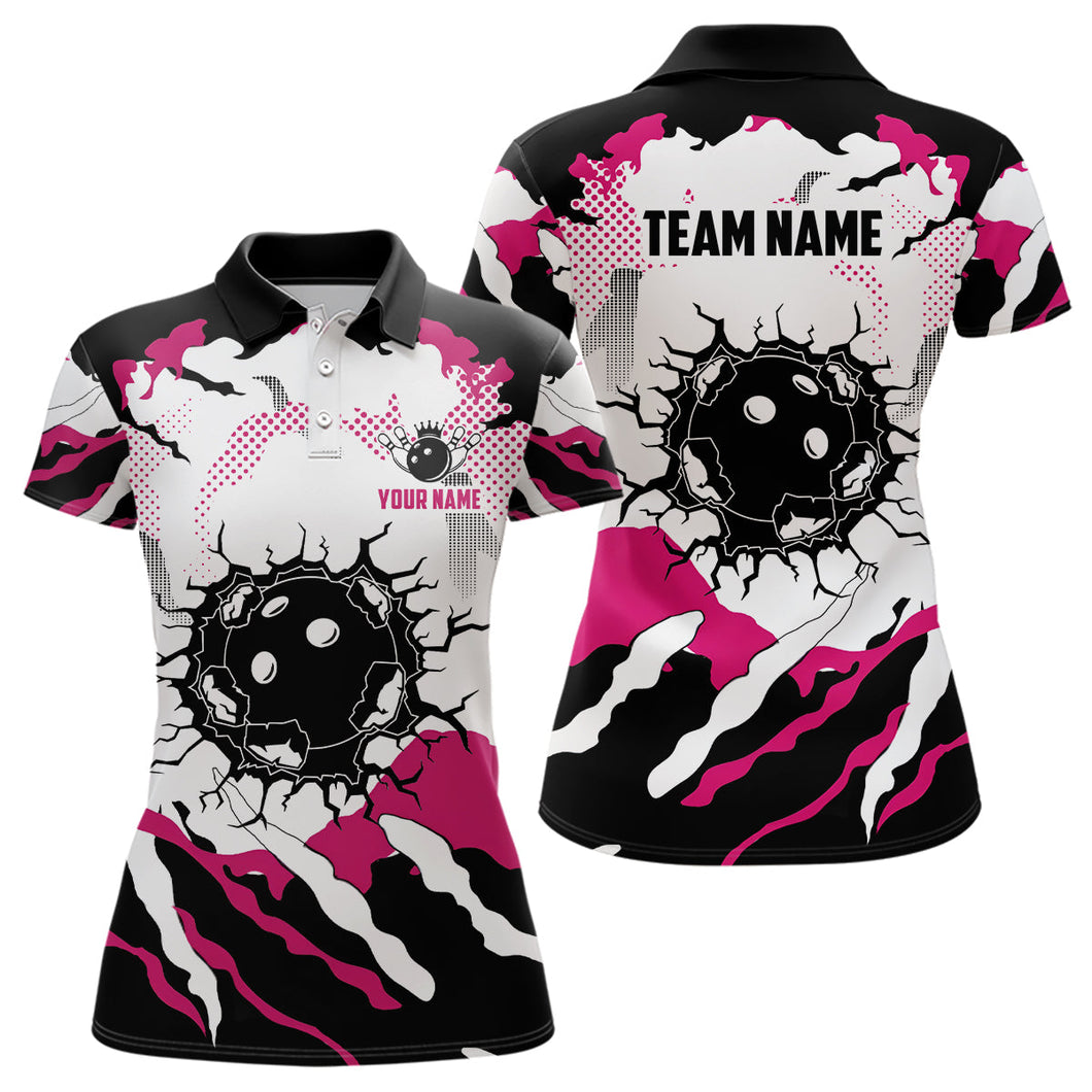 Personalized pink and white camo womens bowling polo shirts, custom team ladies bowling shirts NQS6713