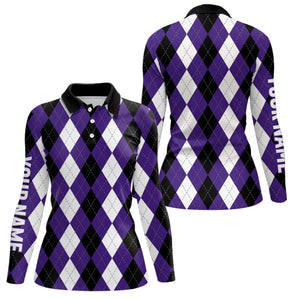 Womens golf polo shirts custom purple argyle plaid Halloween pattern golf attire for women, golf gifts NQS6246