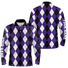 Load image into Gallery viewer, Mens golf polo shirts custom purple argyle plaid Halloween pattern golf attire for men, golfing gifts NQS6246