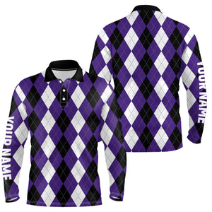 Mens golf polo shirts custom purple argyle plaid Halloween pattern golf attire for men, golfing gifts NQS6246