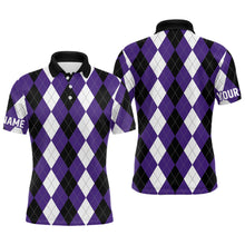 Load image into Gallery viewer, Mens golf polo shirts custom purple argyle plaid Halloween pattern golf attire for men, golfing gifts NQS6246