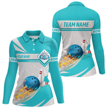 Load image into Gallery viewer, Cyan blue Bowling Polo Shirts For Women Custom camo flame bowling ball pins Team League Jerseys NQS6733