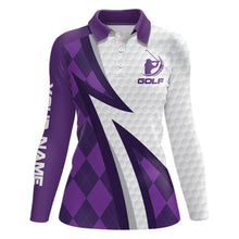 Load image into Gallery viewer, Women golf polo shirts custom name purple argyle pattern white golf ball skin womens golf wears NQS6931