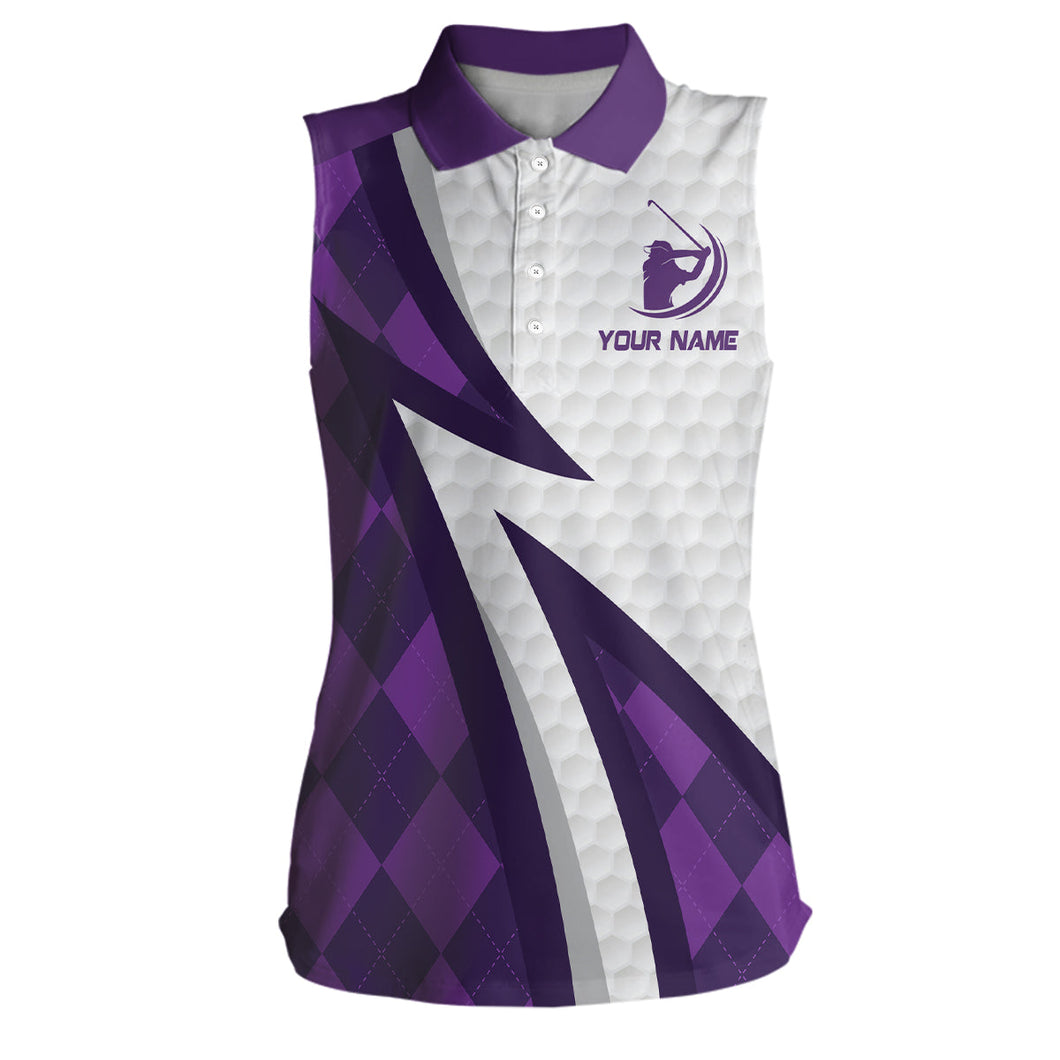 Womens sleeveless polo shirts custom name purple argyle pattern white golf ball skin womens golf wears NQS6931