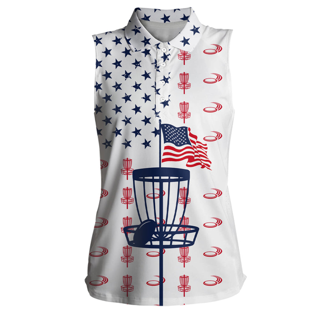 Red, white and blue American flag Women sleeveless disc golf polo shirt, patriotic disc golf shirt NQS6766