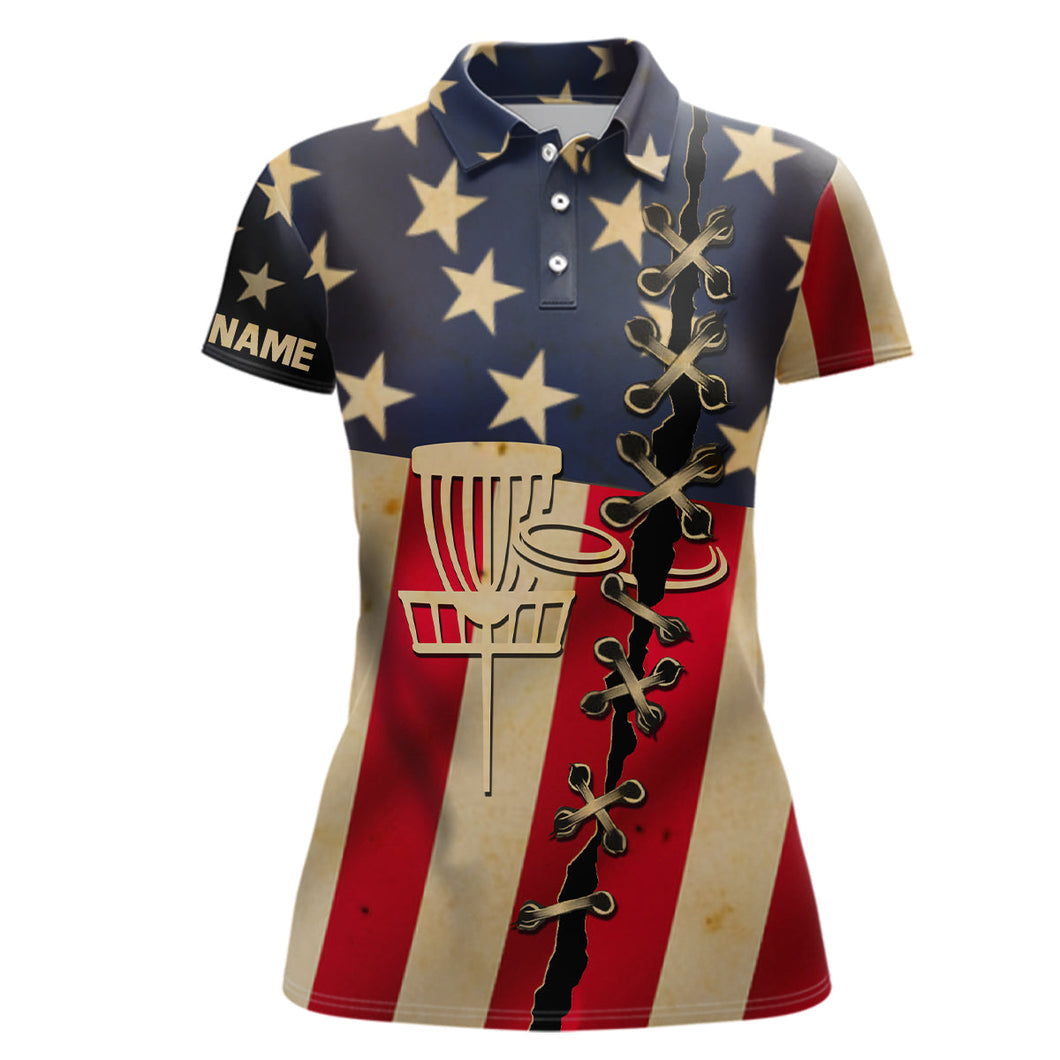 Vintage American flag Womens disc golf polo shirt custom patriotic disc golf shirt NQS6767