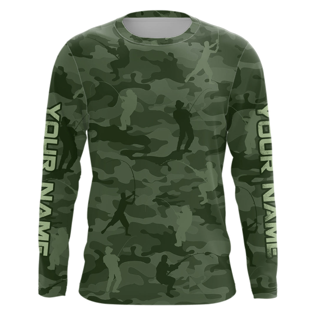 Personalized green fishing camo Performance long sleeve Fishing Shirts, team fishing tournament jersey NQS6943