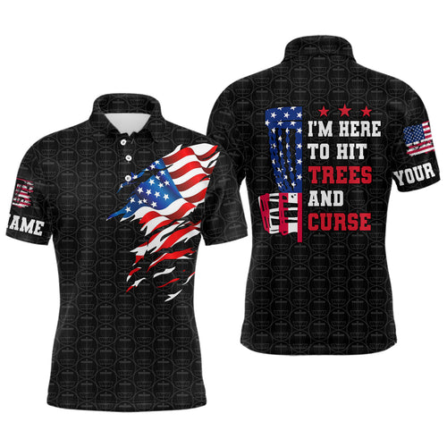 American flag Mens disc golf polo shirt custom black disc golf pattern i'm here to hit trees and curse NQS6288