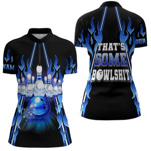 Womens bowling Quarter Zip Custom blue flame that's some bowlshit bowling ball pins team league jersey NQS6284