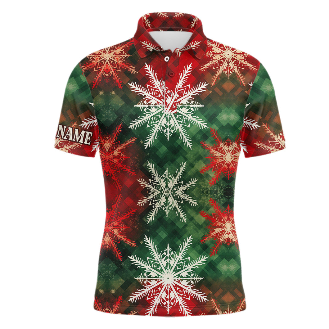 Mens golf polo shirt custom Christmas snowflake plaid pattern, Xmas gift for golf lovers NQS6782