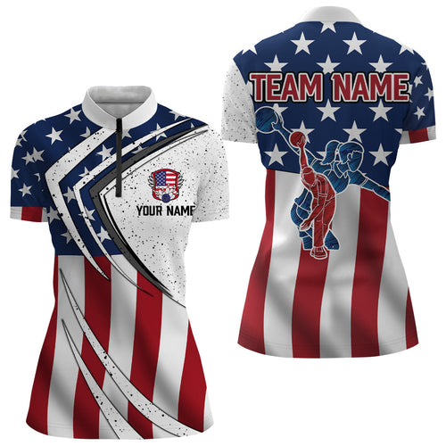 American flag retro Bowling Shirts For Women Custom Patriotic Bowling Team League Quarter Zip Shirt NQS6549