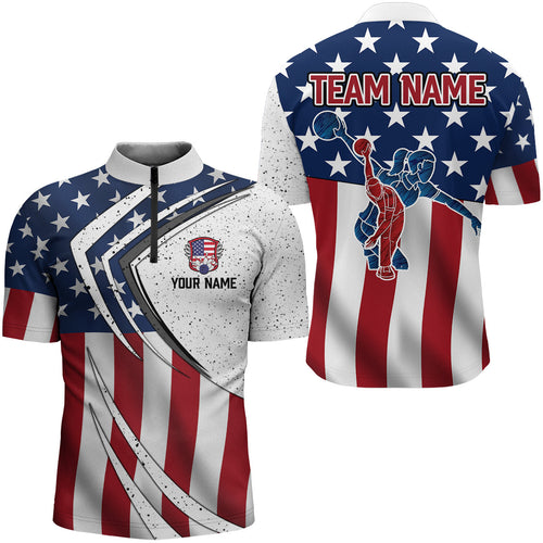 American flag retro Bowling Shirts For Men Custom Patriotic Bowling Team League Quarter Zip Shirt NQS6549