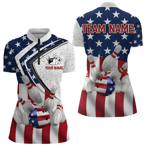 American flag retro Bowling Shirts For Women Custom Patriotic Bowling Team League Quarter Zip Shirt NQS6714