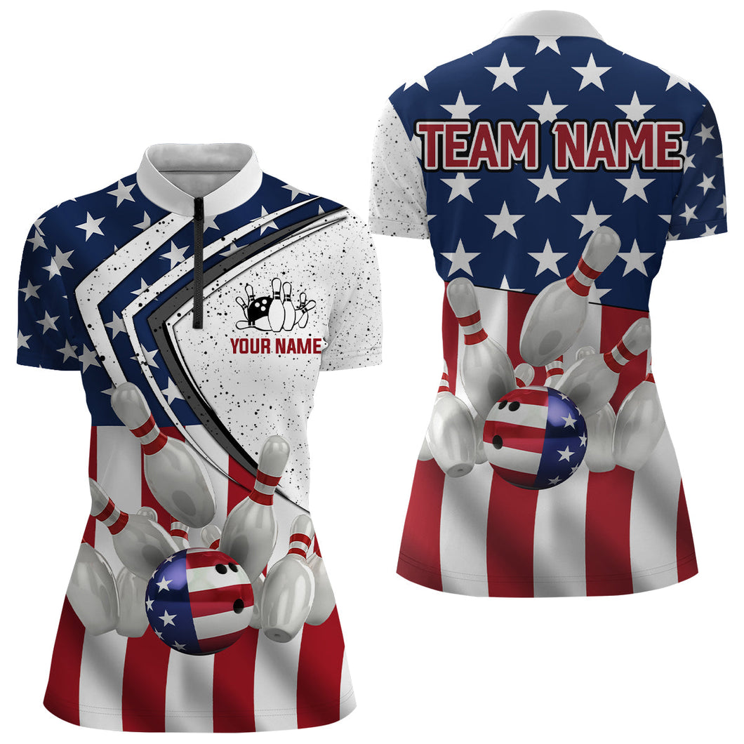 American flag retro Bowling Shirts For Women Custom Patriotic Bowling Team League Quarter Zip Shirt NQS6714