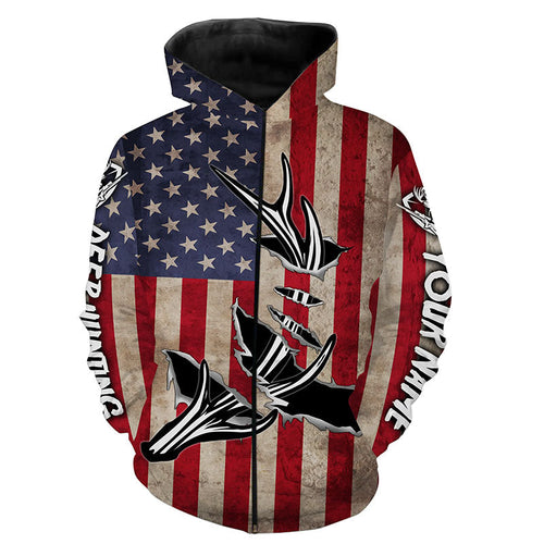 Personalized Deer Hunting American Flag Shirts Customize Name 3D Deer Antler All Over Printed Shirts FSD3398