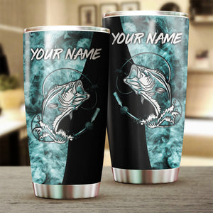 1pc Bass Fishing Blue Smoke Custom Name Stainless Steel Fishing Tumbler Cup, Personalized Fishing Gifts FSD3228