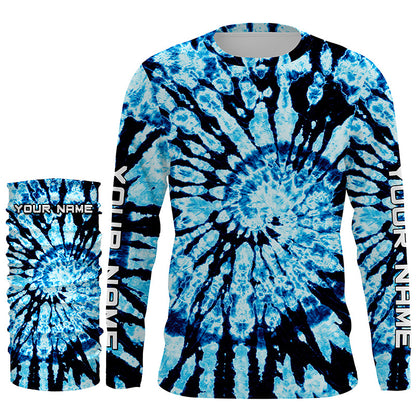 Custom spiral black and blue Tie Dye long sleeve Shirts, Performance UV protection Fishing shirt FSD3367
