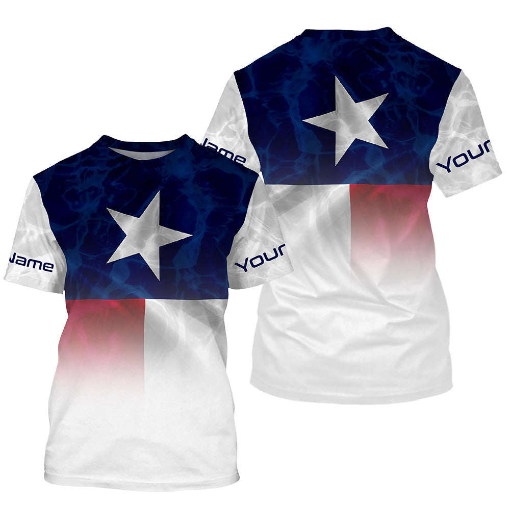 Texas flag Performance Shirts, Custom Name TX Fishing water wave UV Protection shirts for Fisherman FSD4053