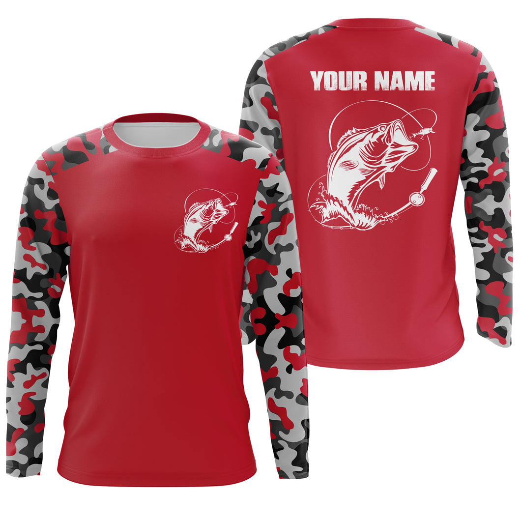 Custom Name Bass Fishing Camouflage Red Performance Fishing Shirt, Bass Fishing Jerseys FSD2867