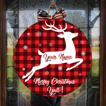 Load image into Gallery viewer, Merry Christmas Door Hanger Deer Running Customized Name Door Hanger, Wood Sign Christmas Home Decor FSD2495