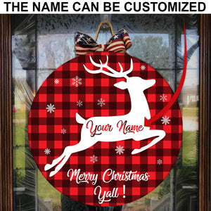 Merry Christmas Door Hanger Deer Running Customized Name Door Hanger, Wood Sign Christmas Home Decor FSD2495