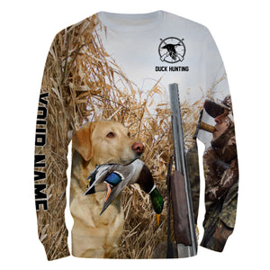 Duck hunting with Dog Yellow Lab Custom Name All over print Shirt, Duck hunting gifts FSD4008