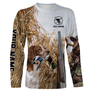 Waterfowl Duck hunting with Dog Brittany Custom Name All over print Shirt, Duck hunting gifts FSD4010