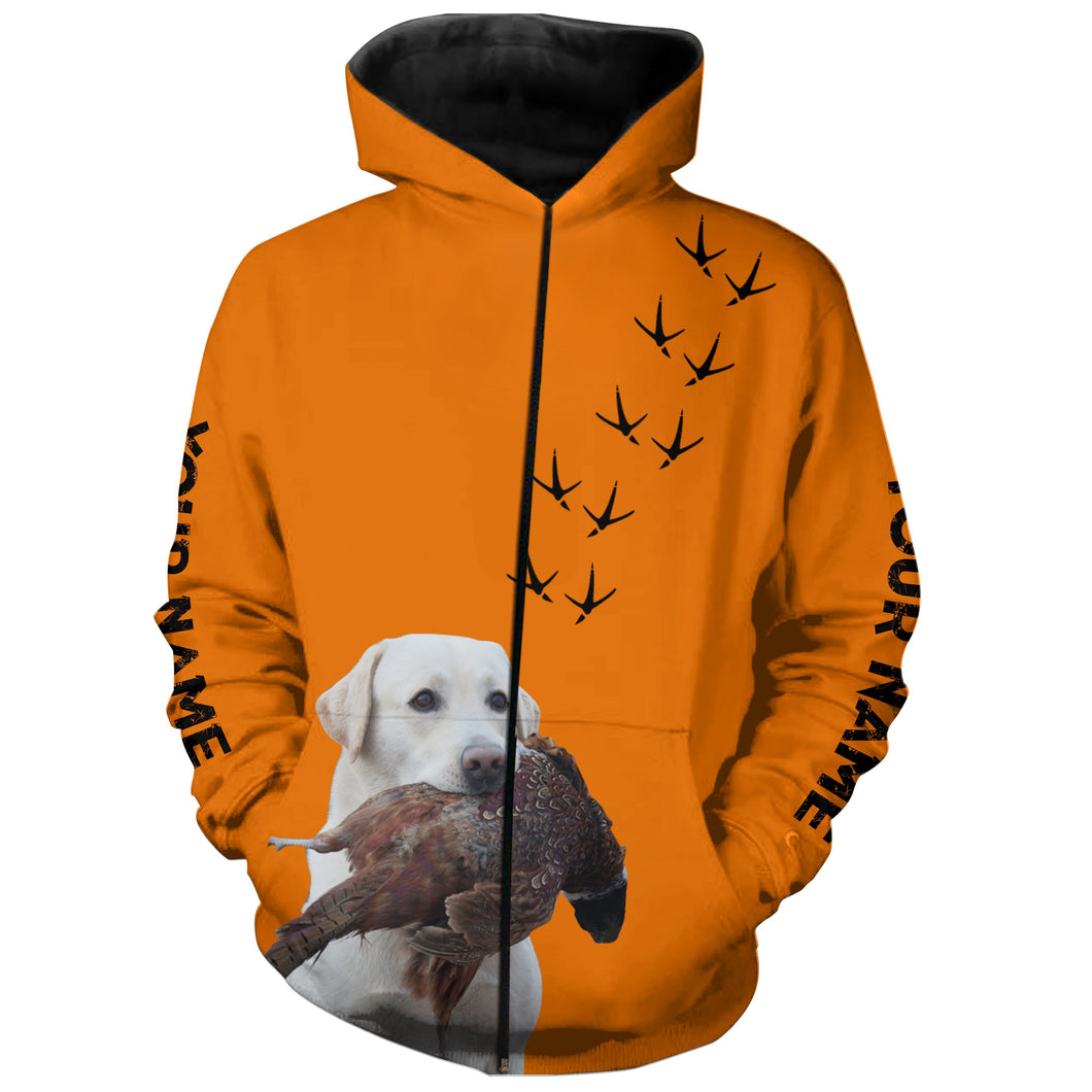 White Labs Dog Pheasant Hunting Blaze Orange custom Name Hunting Hoodie, T-shirt FSD3971