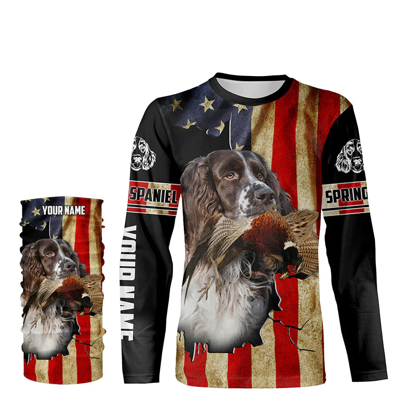 Springer Spaniel bird Dog Pheasant hunting American flag Customized Name Shirts, Hoodie FSD3806