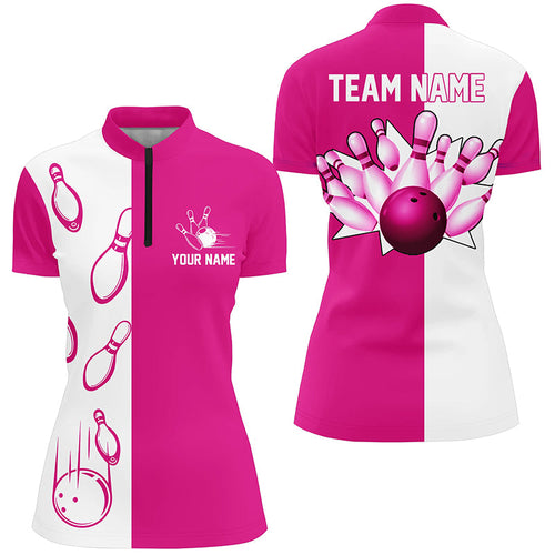 Pink and white retro vintage Bowling Quarter Zip shirts for women custom Bowling team jerseys NQS6655