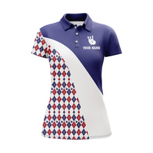 Load image into Gallery viewer, Custom Bowling Shirt for Women, Blue Argyle Bowling Jersey with Name League Ladies Polo Shirt NBP175