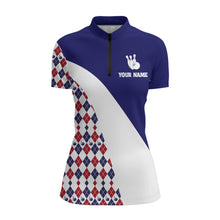 Load image into Gallery viewer, Custom Bowling Shirt for Women, Blue Argyle Bowling Jersey with Name League Quarter-Zip Shirt NBZ175