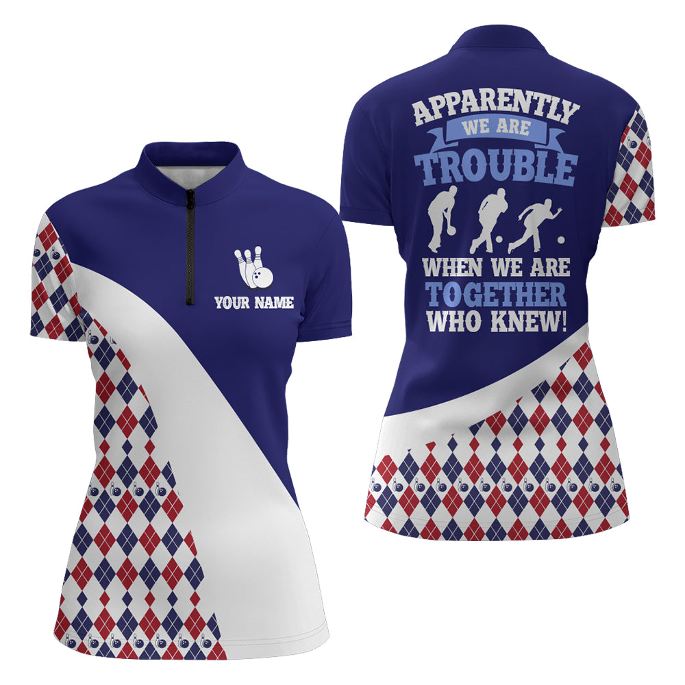 Custom Bowling Shirt for Women, Blue Argyle Bowling Jersey with Name League Quarter-Zip Shirt NBZ175