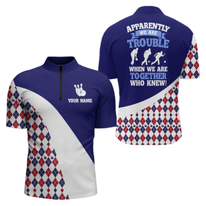 Custom Bowling Shirt for Men, Blue Argyle Bowling Jersey with Name League Quarter-Zip Shirt NBZ175