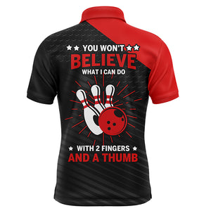 Funny Polo Bowling Shirt for Men, Red & Black Custom Bowling Jersey, 2 Fingers and A Thumb NBP145