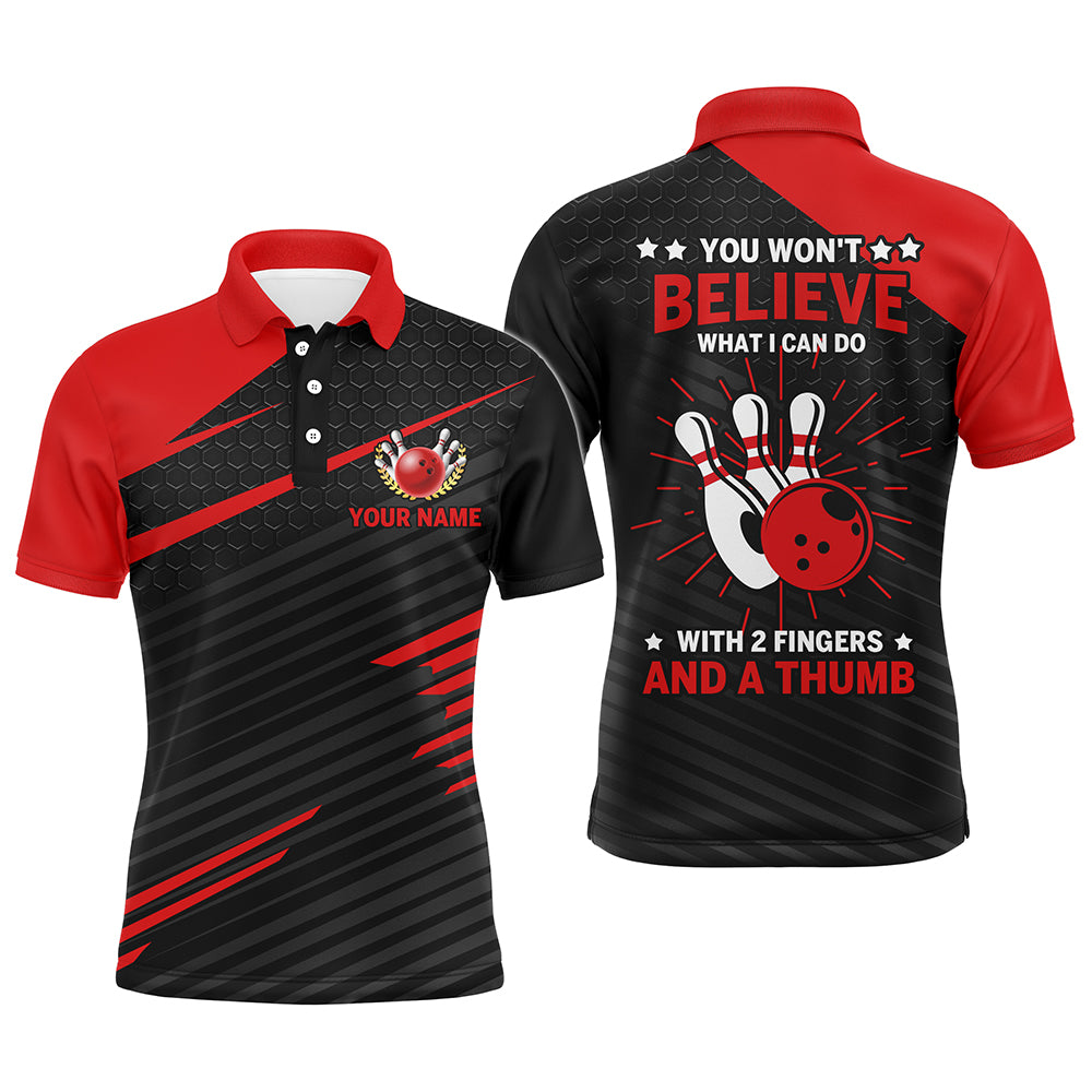 Funny Polo Bowling Shirt for Men, Red & Black Custom Bowling Jersey, 2 Fingers and A Thumb NBP145