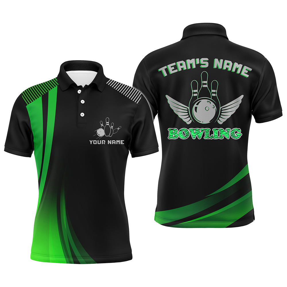 Custom Bowling Shirt for Men, Green&Black Bowling Jersey with Name League Bowling Polo Short Sleeve NBP177