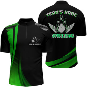 Custom Bowling Shirt for Men, Green&Black Bowling Jersey with Name League Bowling Quarter-Zip Shirt NBZ177