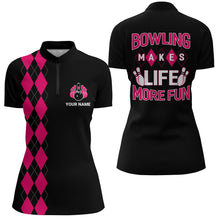 Load image into Gallery viewer, Custom Bowling Shirt for Women, Black&amp;Pink Ladies Bowling Quarter-Zip Shirt, Bowling Girls Jersey NBZ163