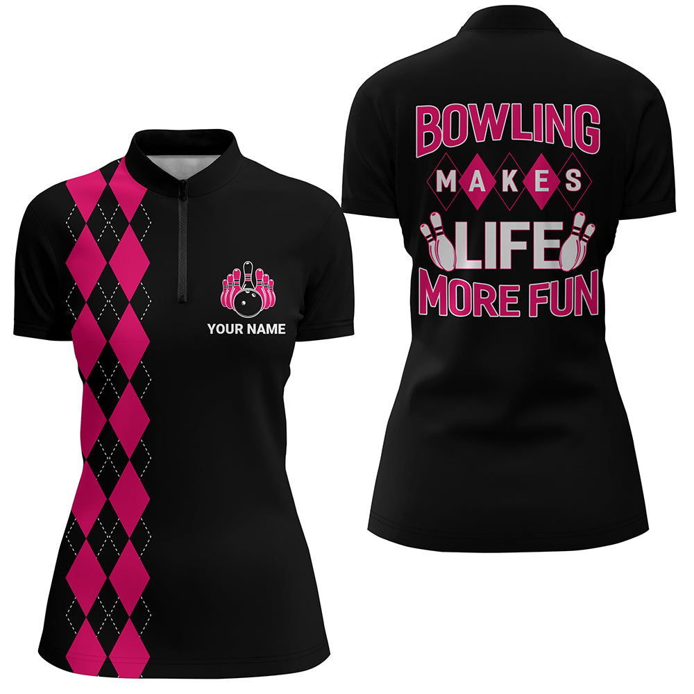 Custom Bowling Shirt for Women, Black&Pink Ladies Bowling Quarter-Zip Shirt, Bowling Girls Jersey NBZ163