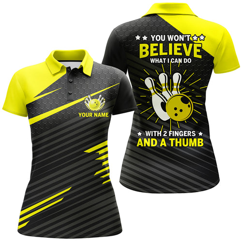 Funny Bowling Polo Shirt for Women Ladies Yellow&Black Custom Bowling Jersey 2 Fingers and A Thumb NBP170