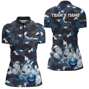 Blue Camo Bowling Women's Quarter-Zip Shirt, Custom Team Name Short Sleeve Ladies Bowling Jersey NBZ94