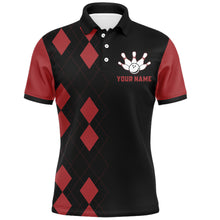 Load image into Gallery viewer, Funny Bowling Shirt for Men Personalized Name Black &amp; Red Argyle Bowler Polo Jersey NBP115
